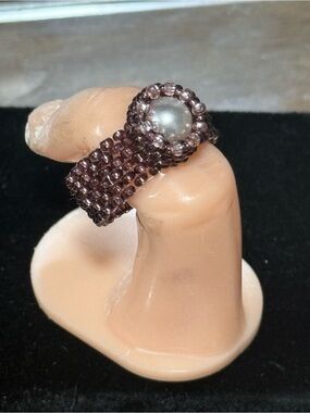 Handmade Purple Beaded Ring with Pearl Accent